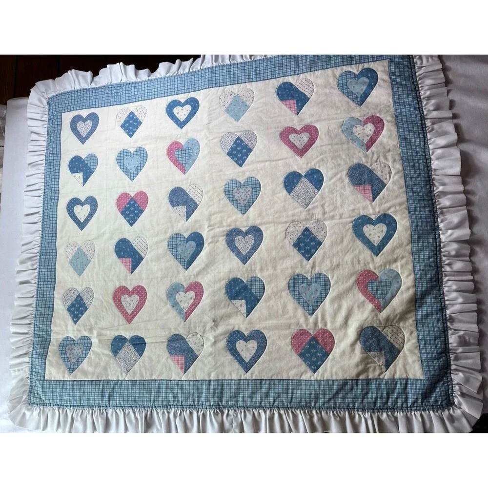 VTG 90s Handmade Heart Quilt Lap Blanket Blue Pink Ruffle Cottagecore Grannycore